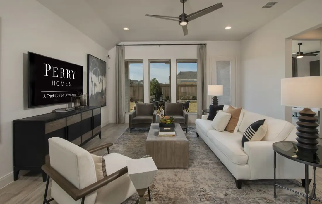 Perry Homes Design 3593W two-story family room style at The Colony Bastrop